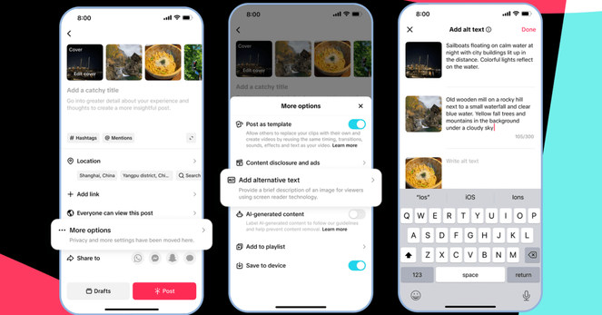 Three mobile screenshots showing TikTok’s new AI-generated image alt text feature.