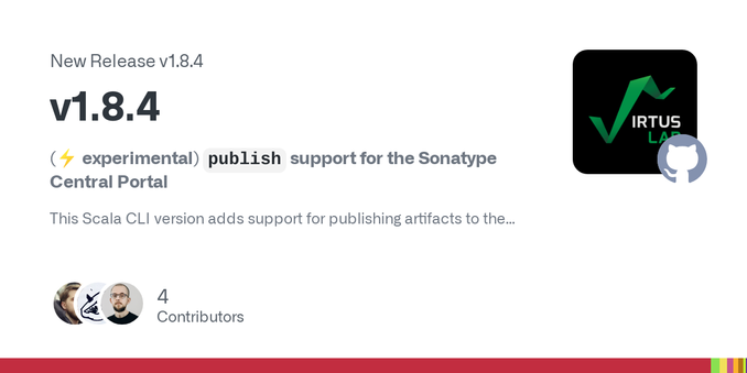 (⚡️ experimental) publish support for the Sonatype Central Portal
This Scala CLI version adds support for publishing artifacts to the Sonatype Central Portal via its OSSRH Staging API.
It is once a...