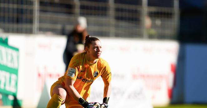 Rafaela Borggrafe of SC Freiburg after a save during the Google Pixel Frauen Bundesliga match between Sport-Club Freiburg and Bayer 04 Leverkusen at Dreisamstadion on January 26, 2025 in Freiburg im Breisgau, Germany.