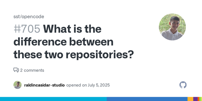 Hi, I just want to ask if what's the difference between these two repository? https://github.com/sst/opencode - which is this repo and this: https://github.com/opencode-ai/opencode I've checked the...