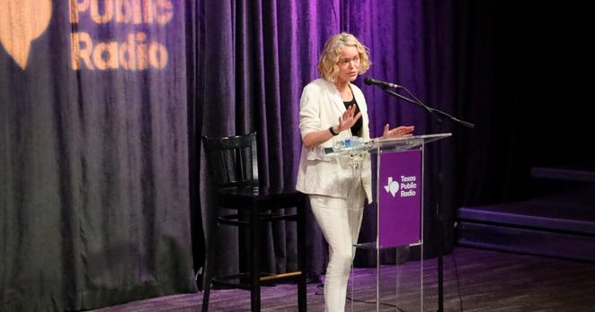 Katherine Maher speaks at Texas Public Radio in 2024.
