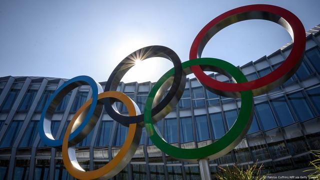 The Olympic Rings logo is pictured in front of the headquarters of the International Olympic Committee (IOC) in Lausanne on March 18, 2020