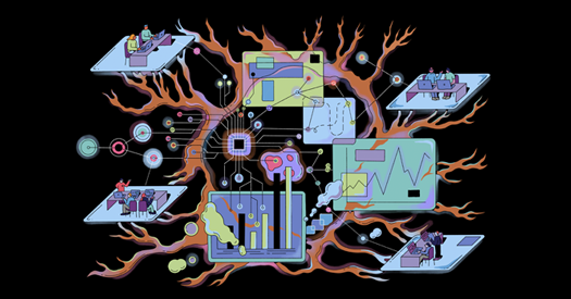 Illustration of people collaborating in different locations.
