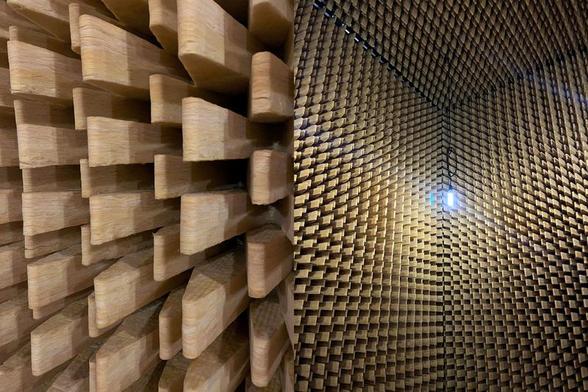 Sound-absorbing walls and ceiling in the acoustics lab at the DITF Denkendorf