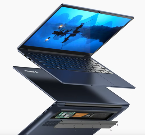 Video still  of the Argon One Up showing it's case looking like a MacBook Air clone down to the notch at the trackpad to lift the screen up.