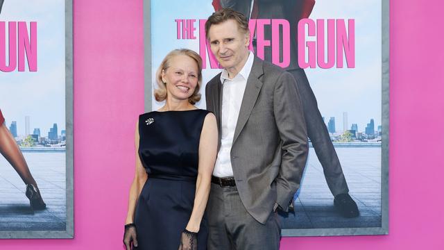 Pamela Anderson and Liam Neeson attend "The Naked Gun" New York premiere on July 28.