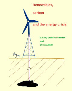 An oil rig, topped with a wind turbine to illustrate the dependence of renewable capture systems on fossil fuels. it is the cover of the pamphlet, "Renewables, carbon and the energy crisis".