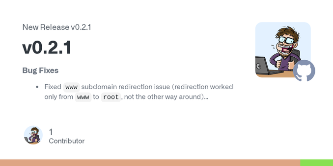 Bug Fixes

Fixed www subdomain redirection issue (redirection worked only from www to root, not the other way around)

Full Changelog: v0.2.0...v0.2.1