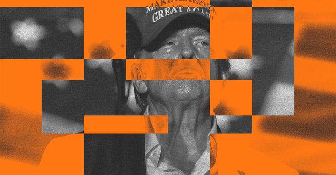 Photo collage of an image of Donald Trump behind a graphic, glitchy design.