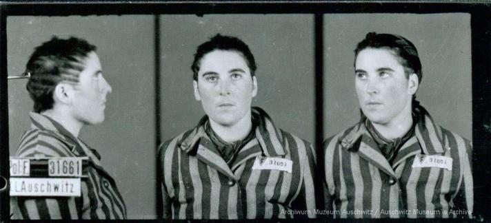 A mugshot registration photograph from Auschwitz. A woman wearing a striped uniform photographed in three positions (profile and front with a bare head and a photo with a slightly turned head with a headscarf on). The prisoner number is visible on a marking board on the left.
