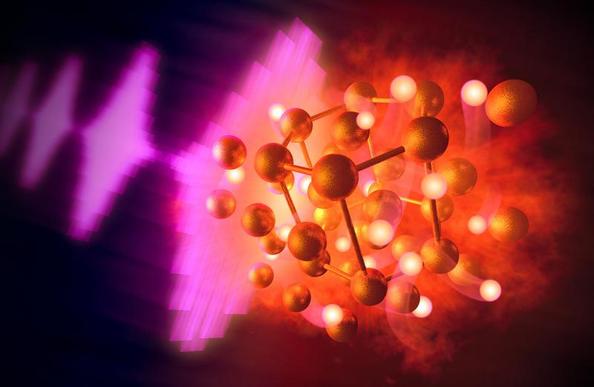 Künstlerische Darstellung: Mittels Röntgenpulsen untersuchte ein internationales Team an Forschenden am European, wie Gold mit Wasserstoff reagiert und sogenanntes Goldhydrid bildet. Künstlerische Darstellung: Mittels Röntgenpulsen untersuchte ein internationales Team an Forschenden am European, wie Gold mit Wasserstoff reagiert und sogenanntes Goldhydrid bildet.