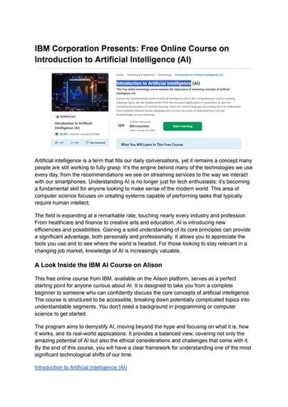 IBM Corporation Presents: Free Online Course on Introduction to Artificial Intelligence (AI)