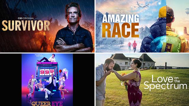 Survivor, The Amazing Race, Love on the Spectrum and Queer Eye TV series logo