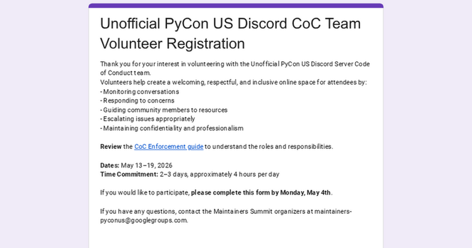 Unofficial PyCon US Discord CoC Team Volunteer Registration