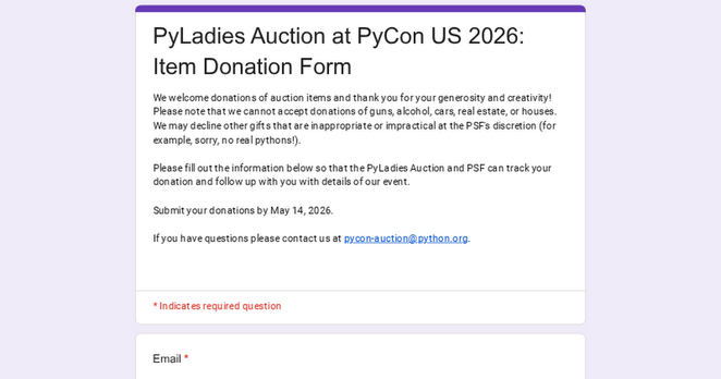 PyLadies Auction at PyCon US 2026: Item Donation Form