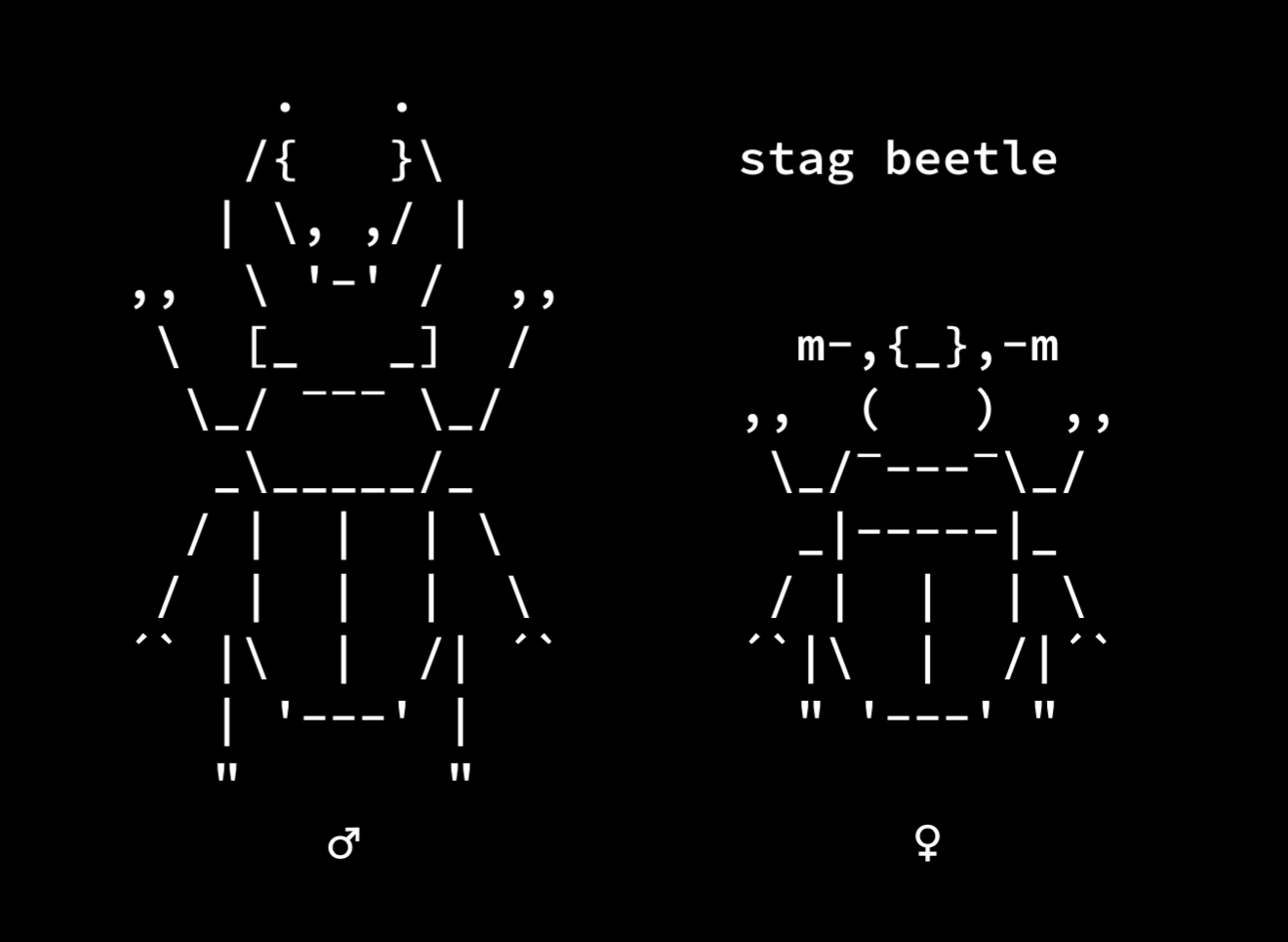 ASCII art of male and female stag beetles