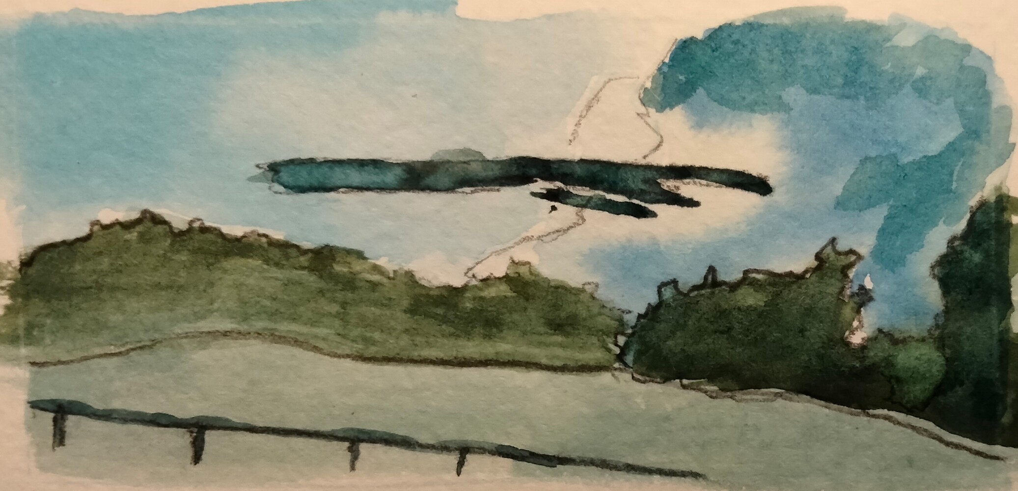 A landscape in watercolor. A field is bordered by some trees. A large storm cloud towers in the distance. The sun shines from behind the cloud.