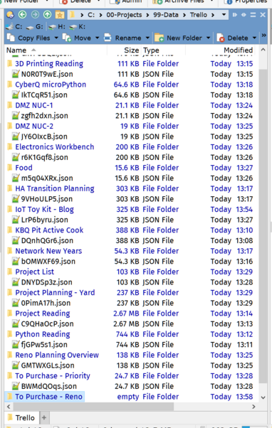 Directory Opus tree view of JSON files within a directory structure arranged by Trello board names.