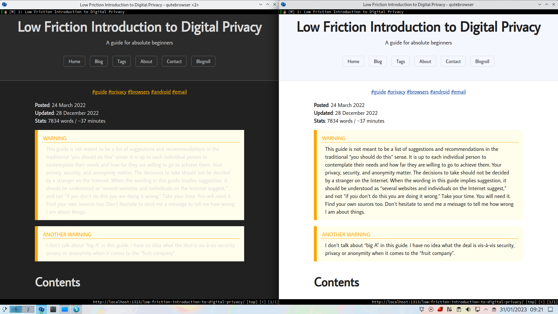 BEFORE

side-by-side, dark mode / light mode, screenshot of my blog showing that admonitions look like arse in dark mode.
