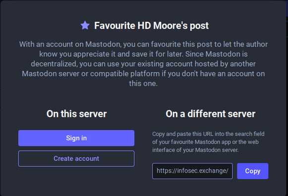 Popup asking people to either log in to the server to favourite a post or copy the URL into a different server.