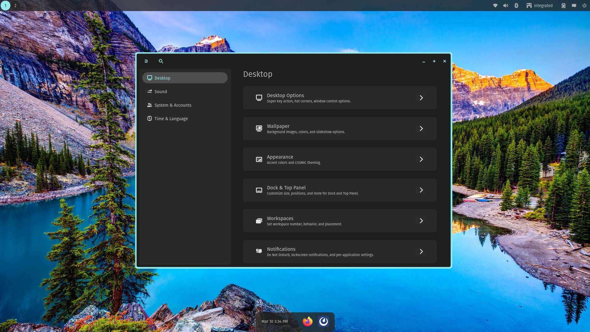 COSMIC DE screenshot of the desktop with top panel, bottom panel, and open settings application.