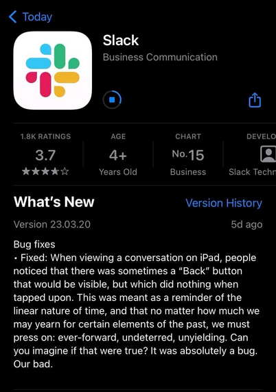 Slack iPhone app update that says: 