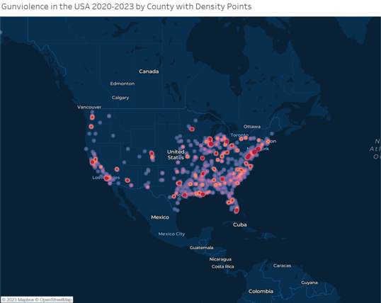 The image contains density points (heatmap) of locations in the United States with reported mass shooting occurrences according to gunviolencearchive.org