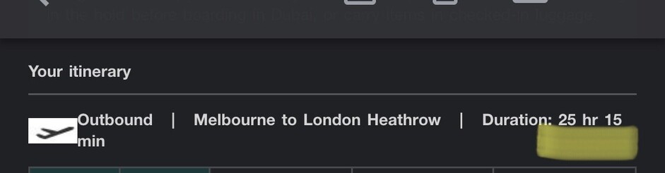 Itinerary summary showing “Melbourne to London” with a duration of “25 hr 15”