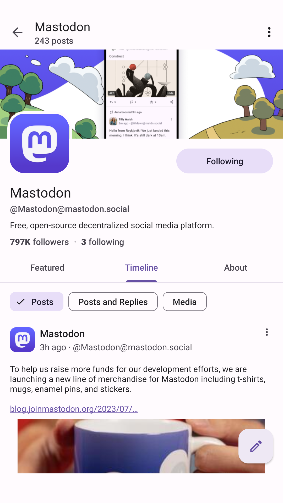 Screen shot of the Mastodon Social account in the Mastodon Android app.