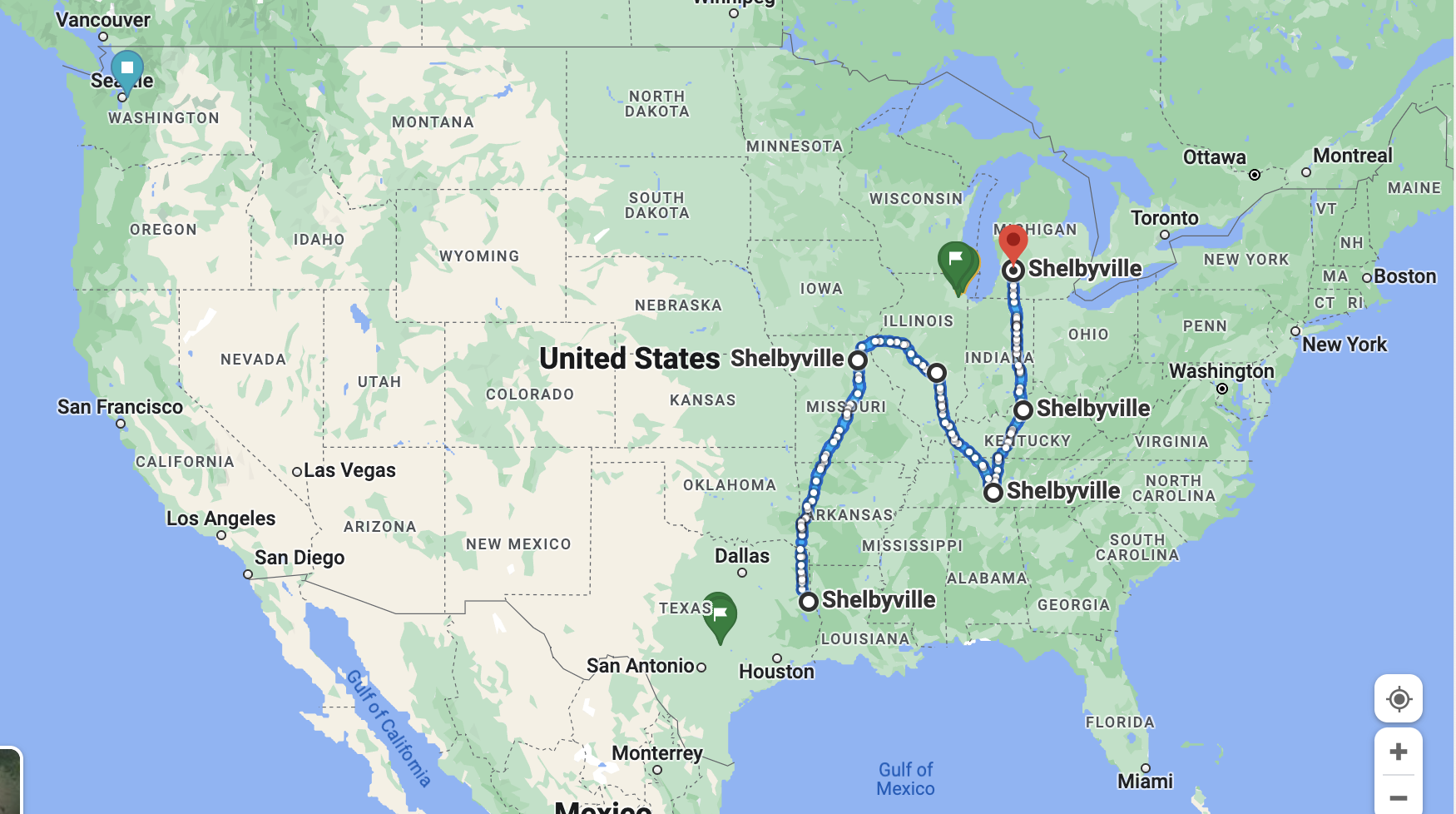 A google map showing a path between Shelbyville TX to MO to IL to TN to KY to MI