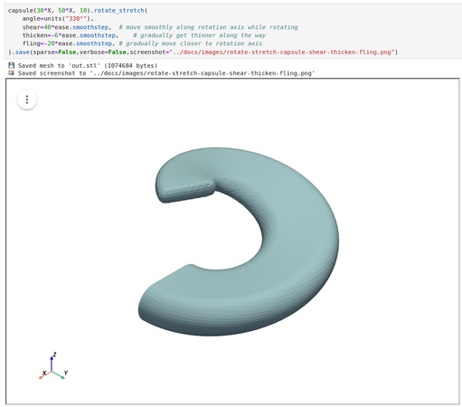 sdfCAD Jupyter screenshot, a spiral-staircaise-like model (without stairs) visible, doing nearly a full turn while rising, getting thinner and closer to the center.

Code:

capsule(30*X, 50*X, 10).rotate_stretch(
    angle=units("330°"),
    shear=40*ease.smoothstep,  # move smoothly along rotation axis while rotating
    thicken=-6*ease.smoothstep,    # gradually get thinner along the way
    fling=-20*ease.smoothstep, # gradually move closer to rotation axis
).save(sparse=False,verbose=False,…