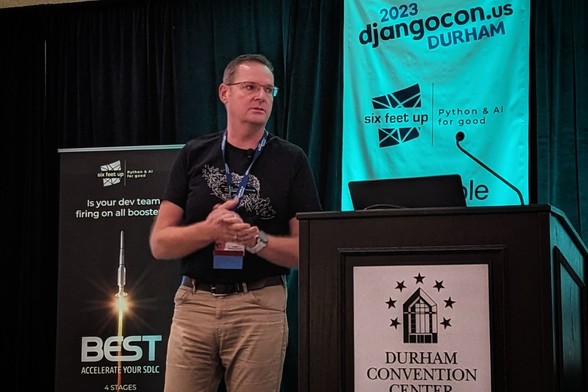 Calvin on the DjangoCon US 2023 stage