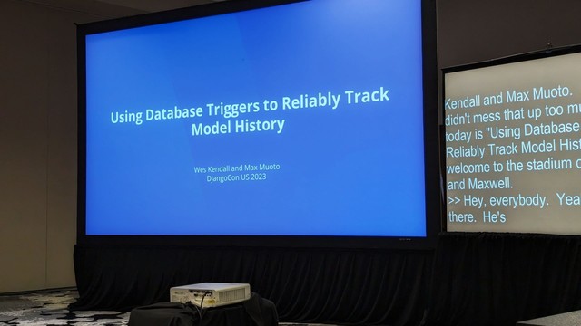 First slide of the talk "Using database triggers to reliably track model history"