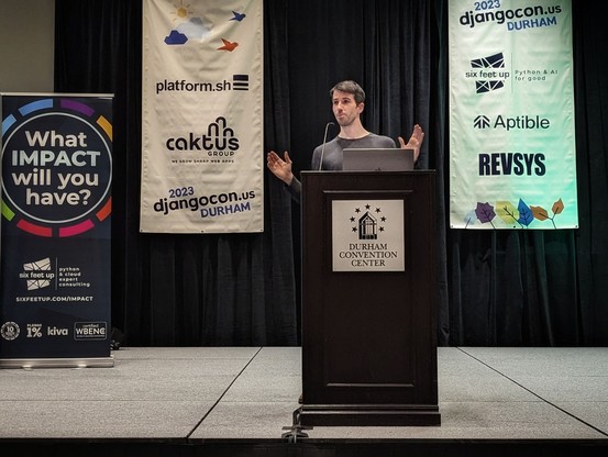 Wes Kendall on the stage of DjangoCon US 2023