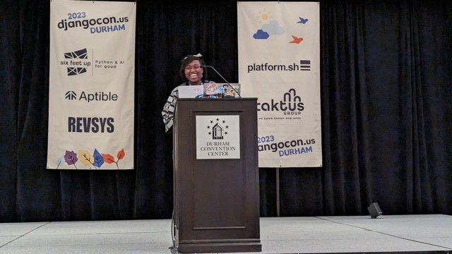 Velda on the DjangoCon US 2023 stage