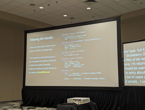 A slide titled "Filtering list results": Filters are input types which can be given to a field or a django type. The integration will add that type to the automatic list resolver and use it to filter the model's QuerySet. Filters for relations can be nested, as it is done on EmailFilter.user.