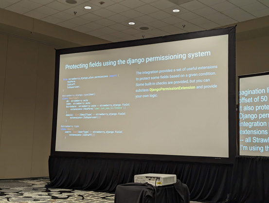 A slide: "Protecting fields using the django permissioning system": "The integration provides a set of useful extensions to protect some fields based on a given condition. Some built-in checks are provided, but you can subclass DjangoPermissionExtension and provide your own logic." with a code sample