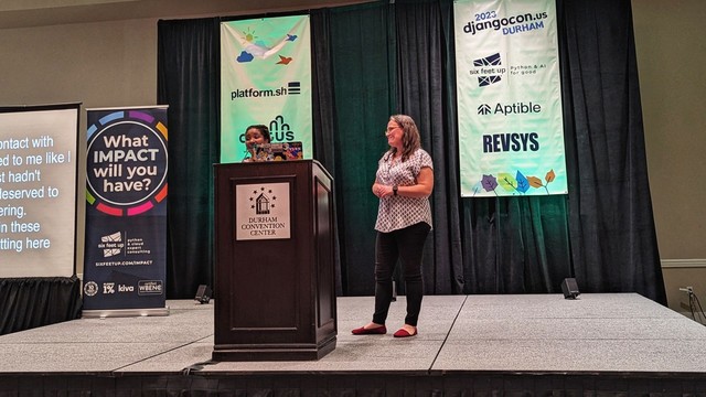 Dawn and Rachell on the DjangoCon US 2023 stage