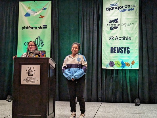 Dawn and Rachell on the DjangoCon US 2023 stage