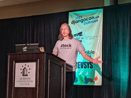 Peter on the DjangoCon US 2023 stage