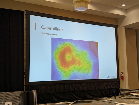 A slide showing a colored contour map of a volcano where red is the highest and black is the lowest elevation