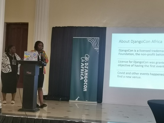 Anna Makarudze and Jessica Upani on the stage opening the 1st ever DjangoCon Africa 