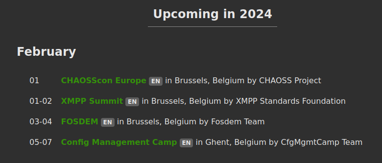 A screenshot of // foss.events showing events co-located with fosdem that are so far: chaosscon europe, xmpp summit, config management camp