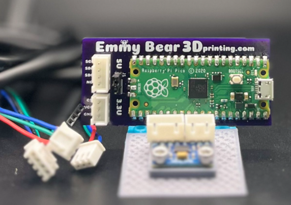 Photo of Raspberry Pi Pico soldered on to purple PCB breakout board