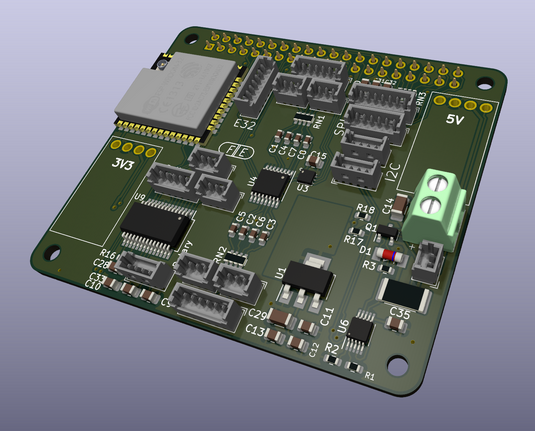 A rendered view of a square printed circuit board with several electric components on it.