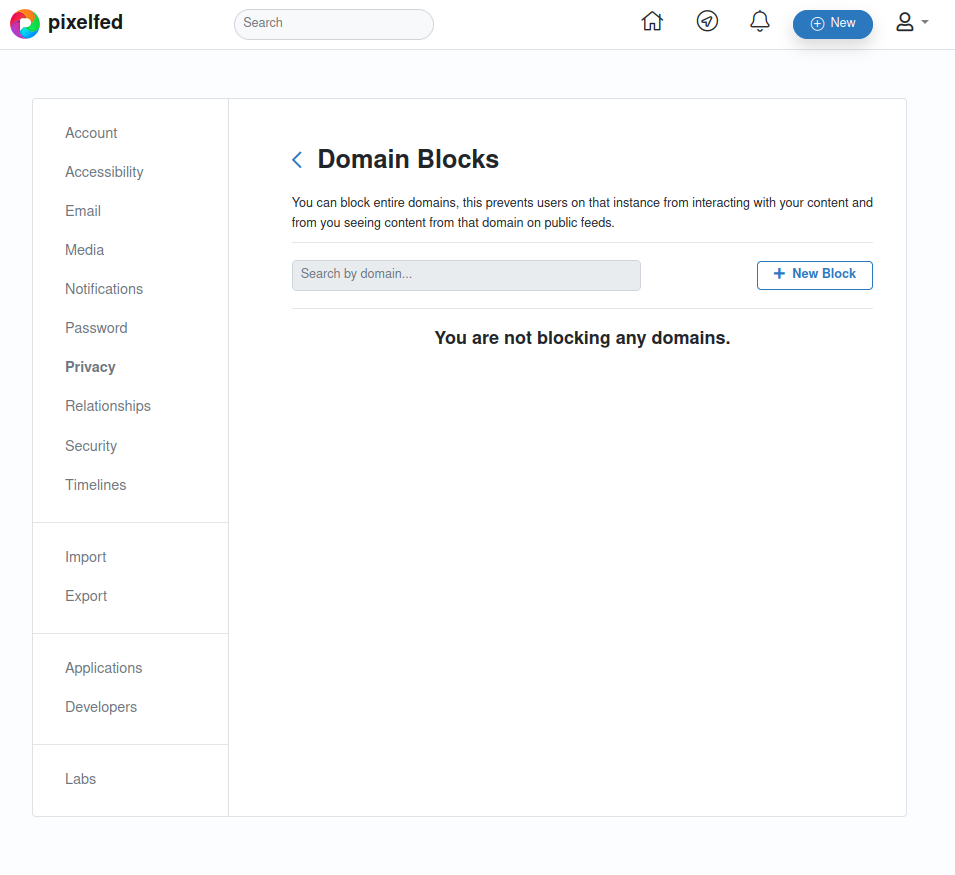 Screenshot of my domain blocks settings showing no blocked domains.