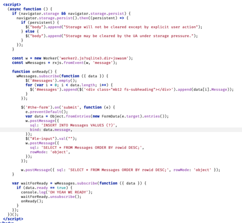 some code for the app. zomg there's SQL right in the JAVASCRIPT 
