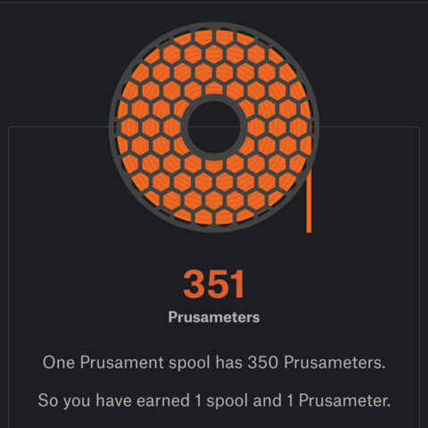 351 Prusameters 

One Prusament spool has 350 Prusameters. 

So you have earned 1 spool and 1 Prusameter. 