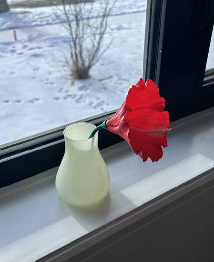 A 3D printed hibiscus flower in a pale green vase on a window sill . You can see snow out of the window.