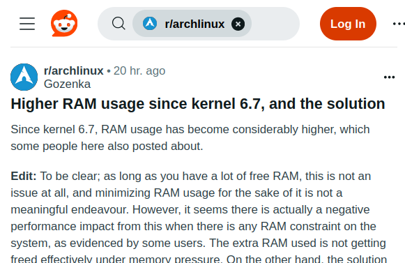 Screenshot of https://www.reddit.com/r/archlinux/comments/1atueo0/higher_ram_usage_since_kernel_67_and_the_solution/